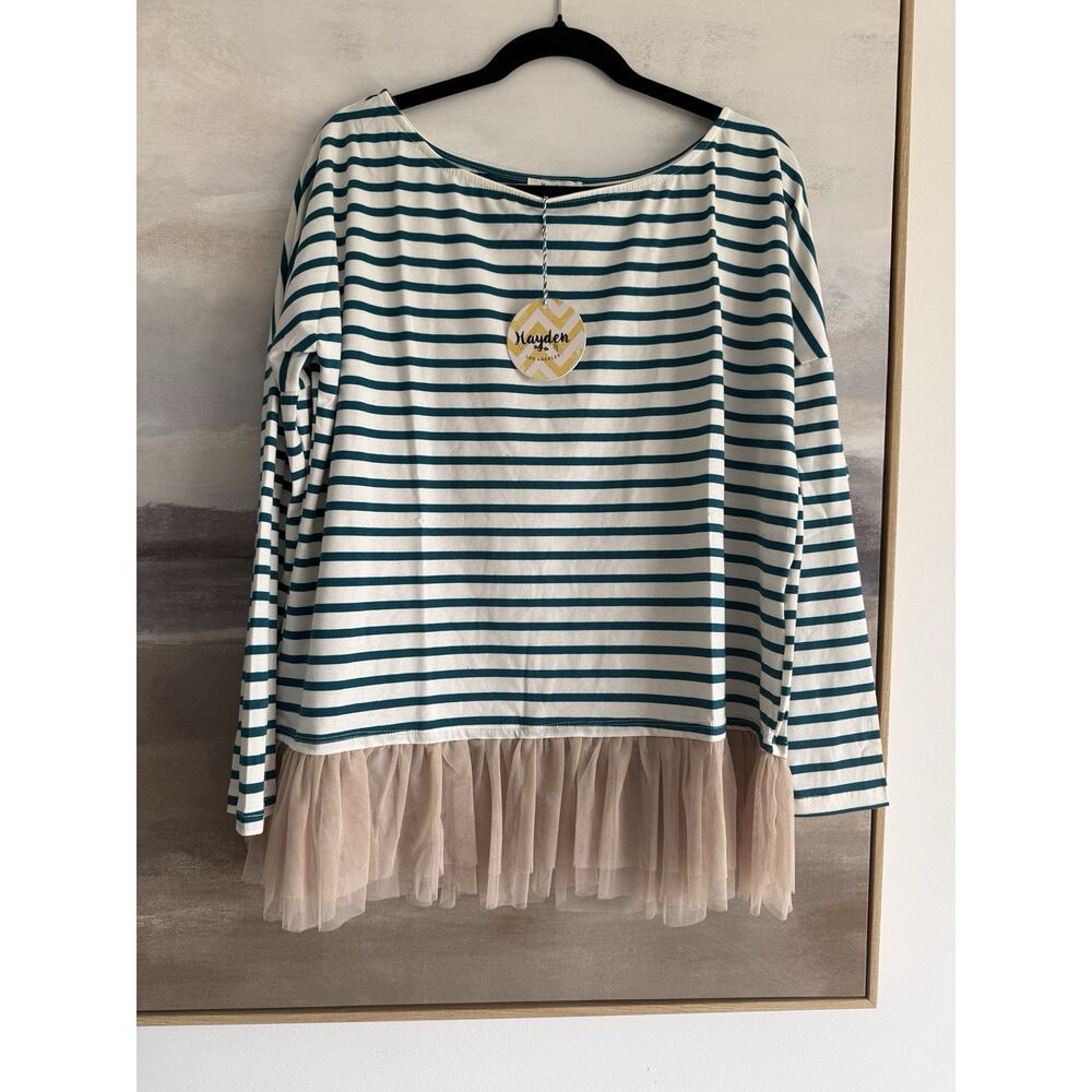 Hayden Los Angeles Women's Sz M Aqua Ivory Striped Oversized Top w/ Ruffles